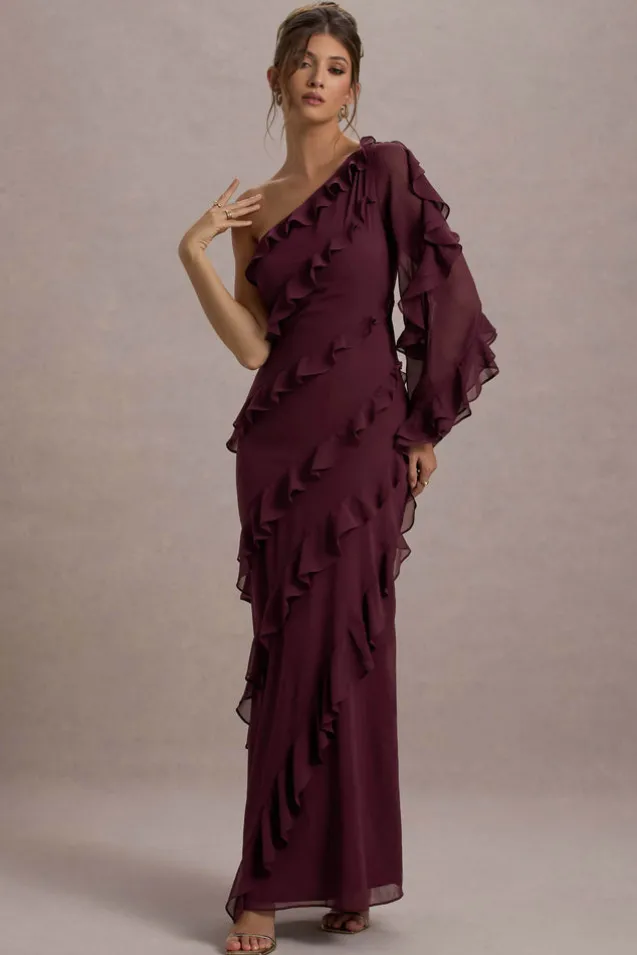 Lalika | Burgundy Asymmetric One-Sleeve Ruffle Maxi Dress