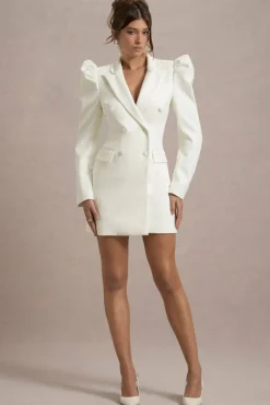 Landon | Off-White Tailored Blazer Mini Dress With Puff Sleeves