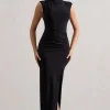 Lanetta | Black Ruched High-Neck Maxi Dress With Split