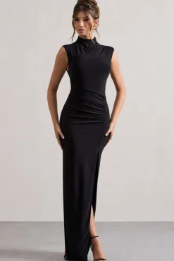 Lanetta | Black Ruched High-Neck Maxi Dress With Split