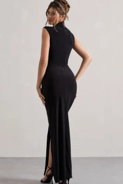 Lanetta | Black Ruched High-Neck Maxi Dress With Split