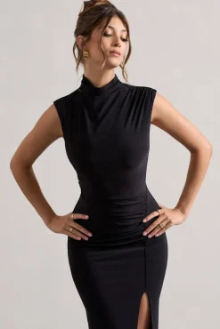 Lanetta | Black Ruched High-Neck Maxi Dress With Split