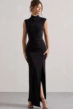 Lanetta | Black Ruched High-Neck Maxi Dress With Split