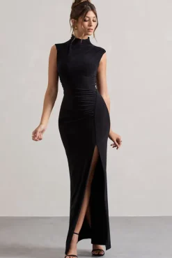 Lanetta | Black Ruched High-Neck Maxi Dress With Split