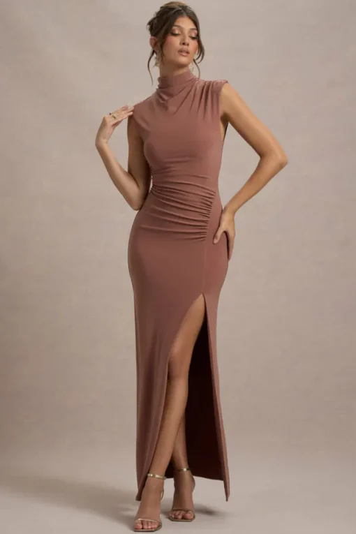 Lanetta | Chestnut Brown Ruched High-Neck Maxi Dress With Split