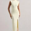 Lanetta | Cream Ruched High-Neck Maxi Dress With Split