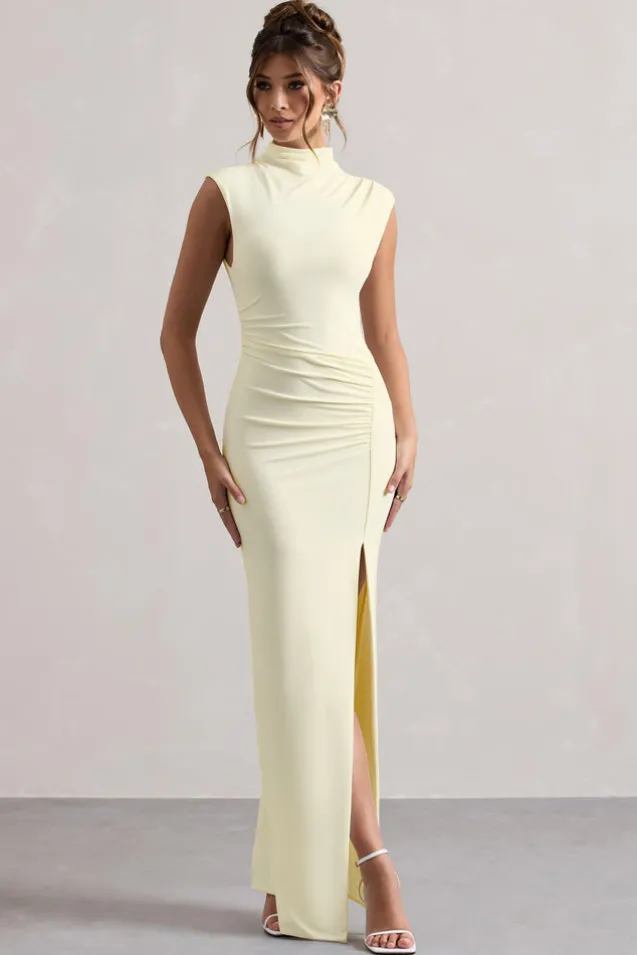Lanetta | Cream Ruched High-Neck Maxi Dress With Split