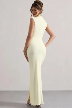 Lanetta | Cream Ruched High-Neck Maxi Dress With Split