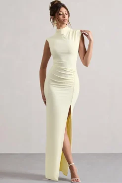 Lanetta | Cream Ruched High-Neck Maxi Dress With Split
