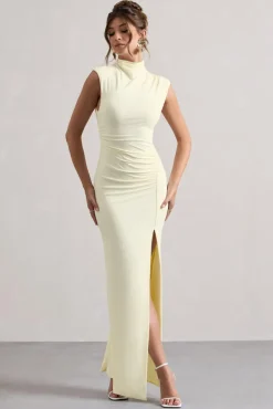 Lanetta | Cream Ruched High-Neck Maxi Dress With Split