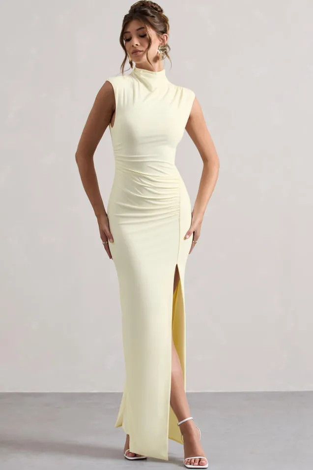Lanetta | Cream Ruched High-Neck Maxi Dress With Split