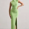 Lanetta | Light Green Ruched High-Neck Maxi Dress With Split