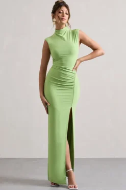 Lanetta | Light Green Ruched High-Neck Maxi Dress With Split