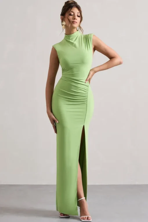 Lanetta | Light Green Ruched High-Neck Maxi Dress With Split