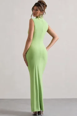 Lanetta | Light Green Ruched High-Neck Maxi Dress With Split