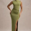 Lanetta | Olive Ruched High-Neck Maxi Dress With Split