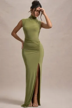 Lanetta | Olive Ruched High-Neck Maxi Dress With Split