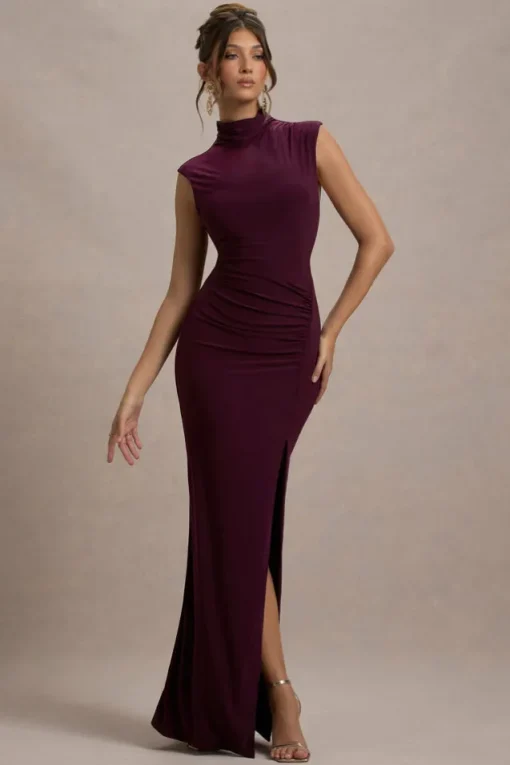 Lanetta | Plum Ruched High-Neck Maxi Dress With Split