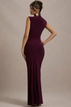 Lanetta | Plum Ruched High-Neck Maxi Dress With Split