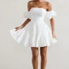 Lani | White Poplin Bardot Tiered Mini Dress With Puff Sleeves