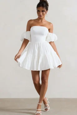 Lani | White Poplin Bardot Tiered Mini Dress With Puff Sleeves