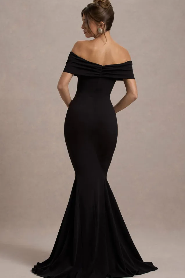 Lantana | Black Bardot Fishtail Maxi Dress With Drape