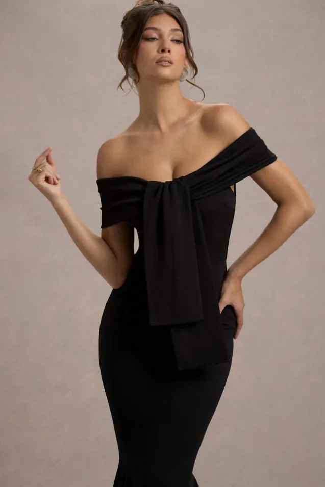 Lantana | Black Bardot Fishtail Maxi Dress With Drape