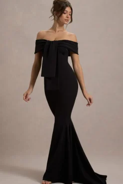 Lantana | Black Bardot Fishtail Maxi Dress With Drape