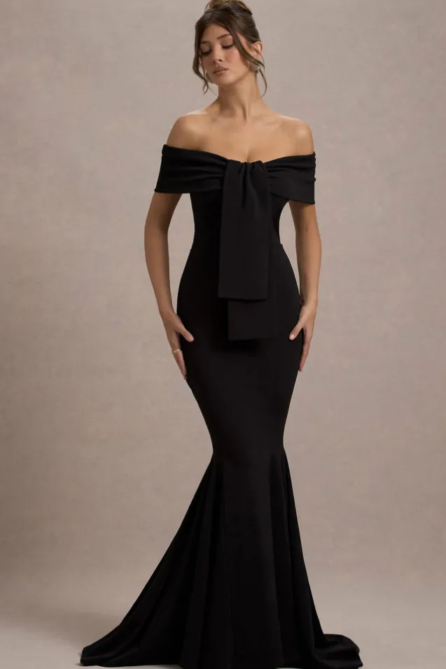 Lantana | Black Bardot Fishtail Maxi Dress With Drape