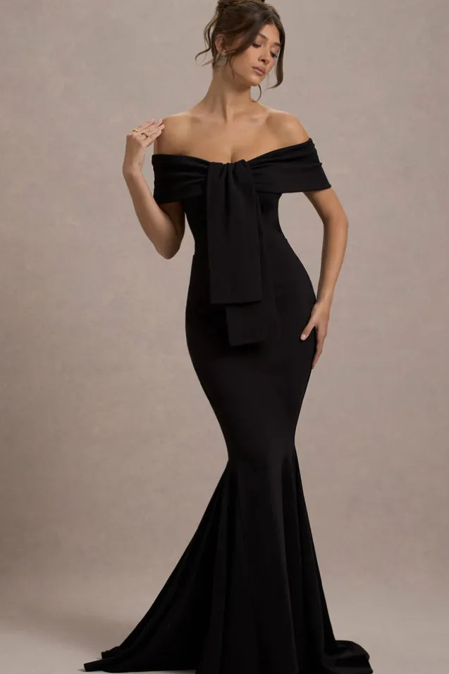 Lantana | Black Bardot Fishtail Maxi Dress With Drape