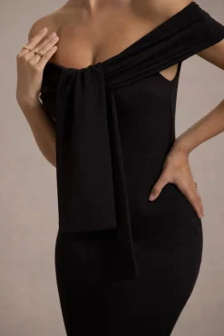 Lantana | Black Bardot Fishtail Maxi Dress With Drape
