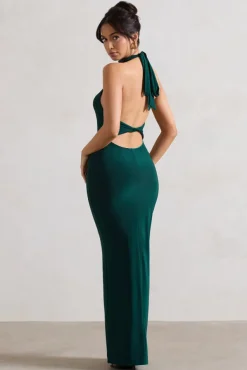 Larisa | Bottle Green Cowl Halter-Neck Maxi Dress With Back Detail