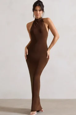 Larisa | Dark Brown Cowl Halter-Neck Maxi Dress With Back Detail