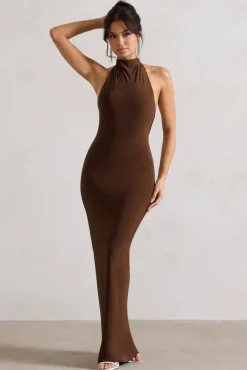 Larisa | Dark Brown Cowl Halter-Neck Maxi Dress With Back Detail