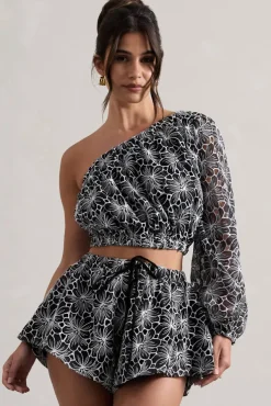 Last Request | Black Lace Asymmetric One-Sleeve Crop-Top