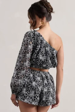 Last Request | Black Lace Asymmetric One-Sleeve Crop-Top