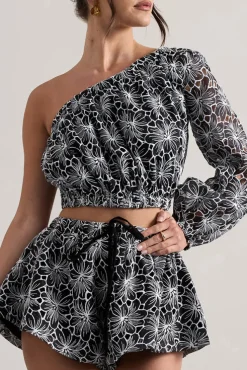 Last Request | Black Lace Asymmetric One-Sleeve Crop-Top