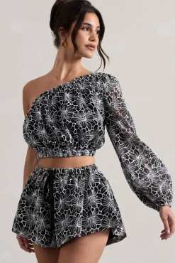 Last Request | Black Lace Asymmetric One-Sleeve Crop-Top