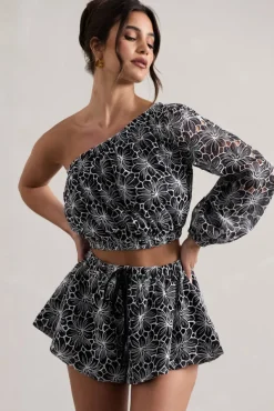 Last Request | Black Lace Asymmetric One-Sleeve Crop-Top