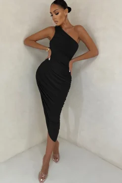 Late Night | Black Asymmetric One Shoulder Ruched Midi Dress