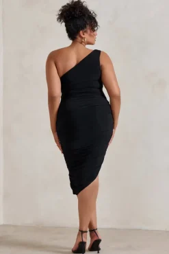 Late Night | Black Asymmetric One Shoulder Ruched Midi Dress