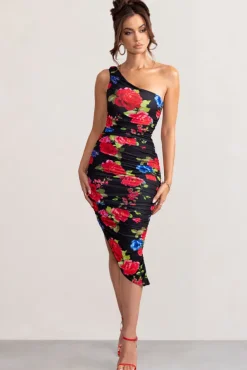 Late Night | Black Floral Print Asymmetric One Shoulder Ruched Midi Dress