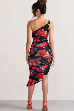 Late Night | Black Floral Print Asymmetric One Shoulder Ruched Midi Dress