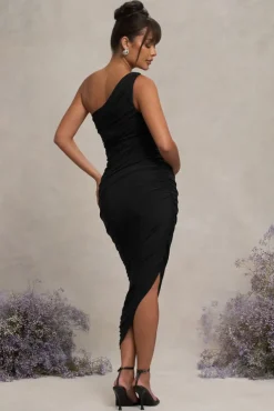 Late Night | Black Maternity Ruched One Shoulder Midi Dress