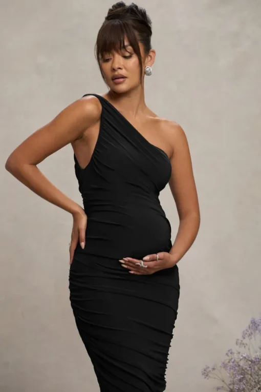 Late Night | Black Maternity Ruched One Shoulder Midi Dress