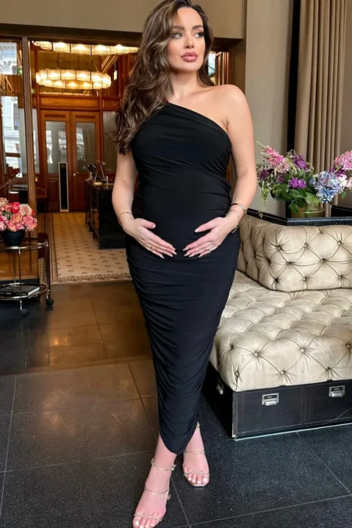 Late Night | Black Maternity Ruched One Shoulder Midi Dress