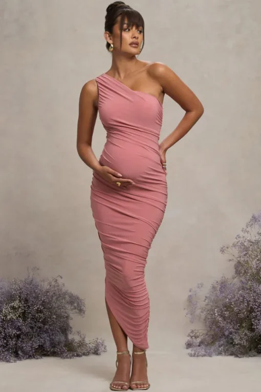 Late Night | Blush Pink Maternity Ruched One Shoulder Midi Dress