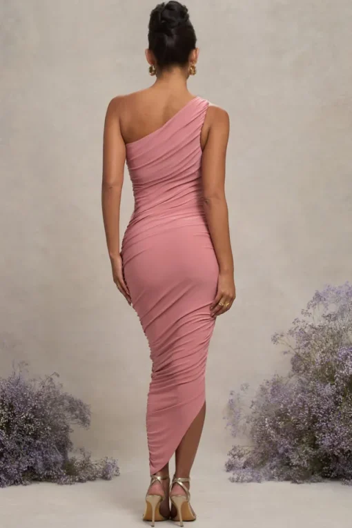 Late Night | Blush Pink Maternity Ruched One Shoulder Midi Dress