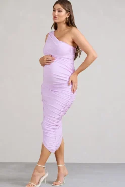 Late Night | Lilac Maternity Ruched One Shoulder Midi Dress