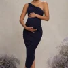 Late Night | Navy Maternity Ruched One Shoulder Midi Dress